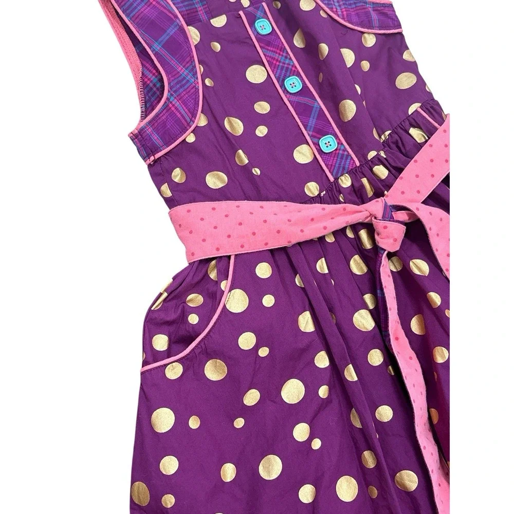 Matilda Jane Plum Gold Polka Dot Plaid Belted Dress With Tulle & Pockets Girls 6